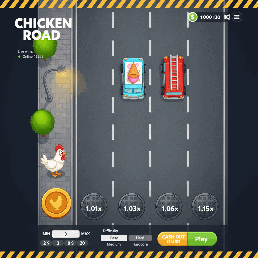 Écran de jeu Chicken Road montrant un poulet traversant une route à plusieurs voies avec des multiplicateurs affichés sur chaque voie, des voitures en mouvement, et l'interface de pari avec les limites de mise et le bouton d'encaissement